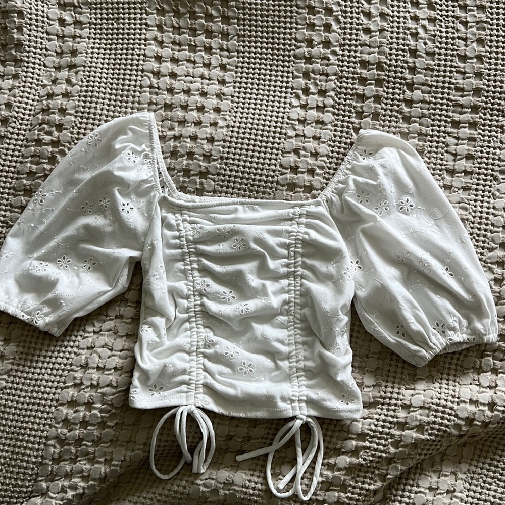 White eyelet peasant top